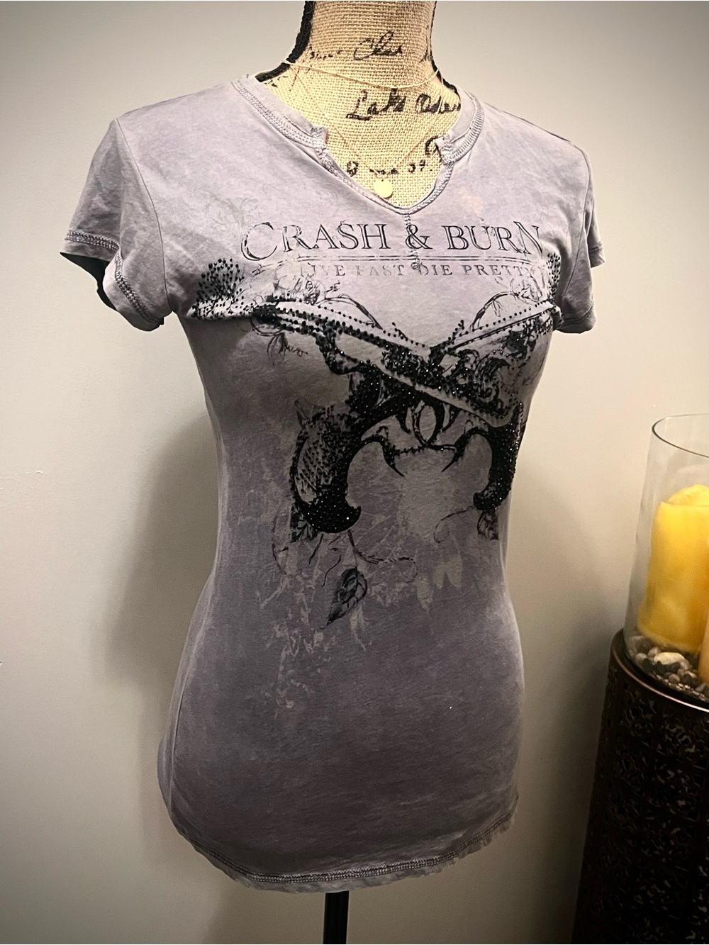 Crash & Burn Distressed Gray Graphic V-Notch Tee